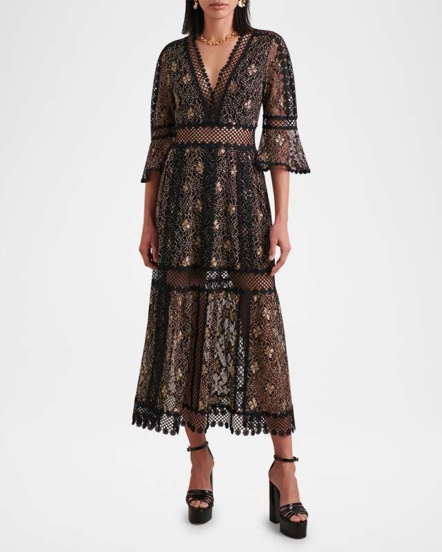 Annette Tiered Floral Lace Midi Dress